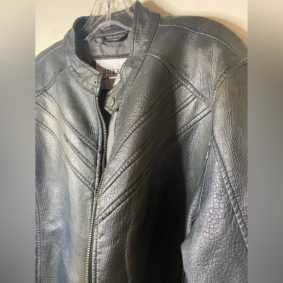 Guess Los Angeles distressed faux leather jet black Moto jacket size med… - Picture 2 of 10